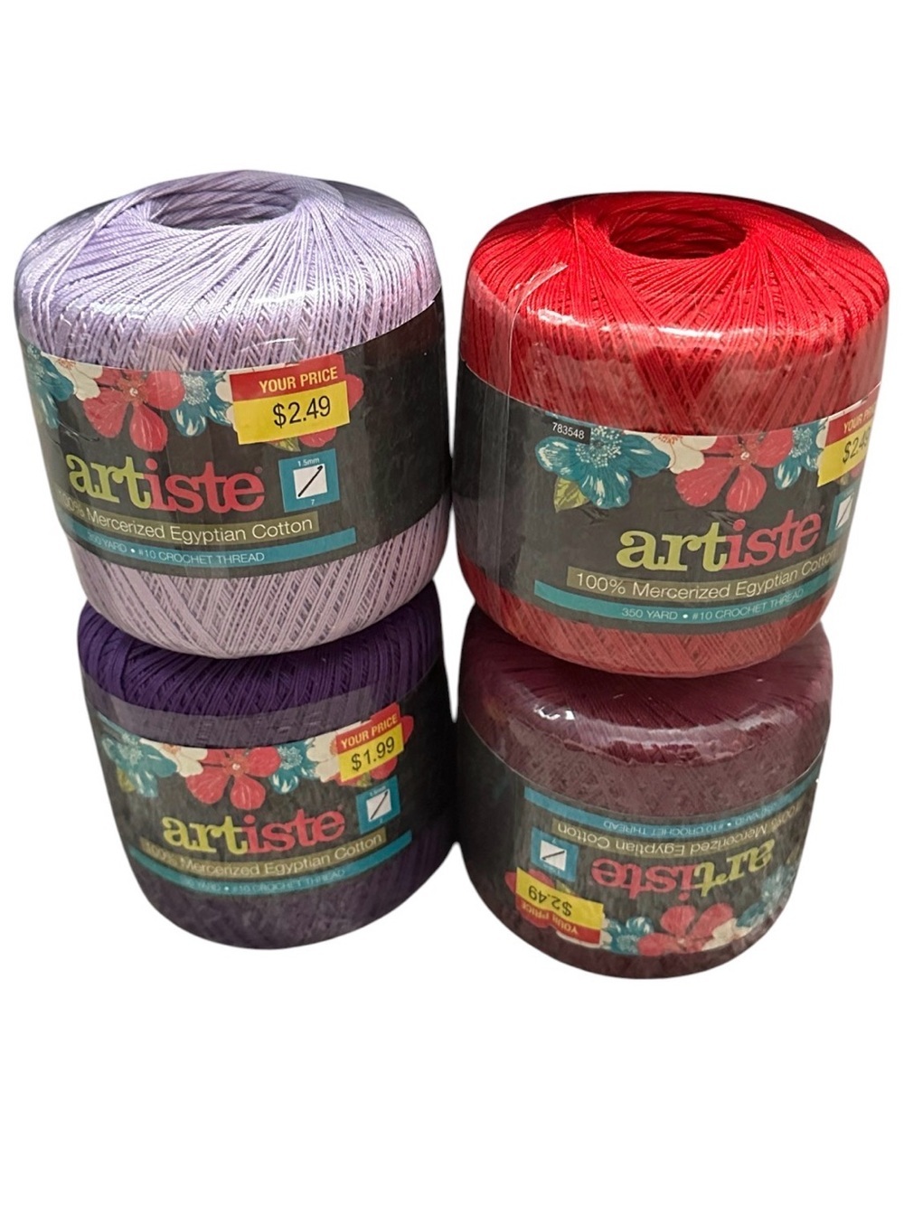 4pc Artiste 100% Mercerized Egyptian Cotton Crochet Thread - Red & Purple Set